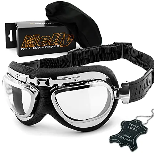 Helly - No.1 Bikereyes Motorradbrille 1390c - Motorradbrille mit HLT Sicherheitsglas, antibeschlag und UV400 Schutz für uneingeschränktes Fahrvergnügen. Hochwertiges Echtleder sorgt für Komfort bei langen Fahrten.