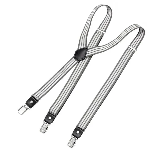 DonDon Hosenträger Herren gestreift grau weiß schmal 2,5 cm - Extra starke Clips für Anzug - Hosenträger Herren extra stark - Ideal für Männer oder Damen Rockabilly Suspenders