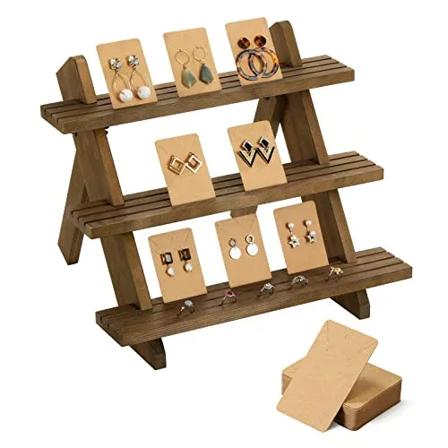 Emibele Schmuckständer, 3 Stufen Holz Schmuckaufbewahrung mit Rillen und 50 Karten für Ohrring Ring Halskette Armband, Schmuckhalter Ohrstecker Display Regal mit Rutschfesten Pads für Desktop, Braun