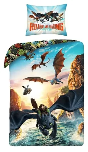 Halantex Bettwäsche-Set Dragon Trainer – Hiccup Zahnlos und die Drachen von Berk – Bettbezug 140 x 200 cm mit Kissenbezug 70 x 90 cm – Mikrofaser – mehrfarbig