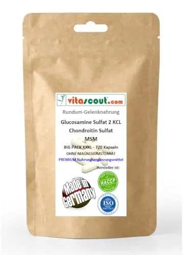 MSM & Glucosamin Sulfat Pulver mit Chondroitin – 720 Hochdosierte Kapseln – Ideal für Sportler
