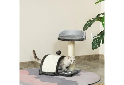 PawHut Kratzbaum Katzenbaum mit Spielbällen Katzenkratzbaum, Sisalseil-Kratzstangen Grau 35.5 x 37 x 46 cm