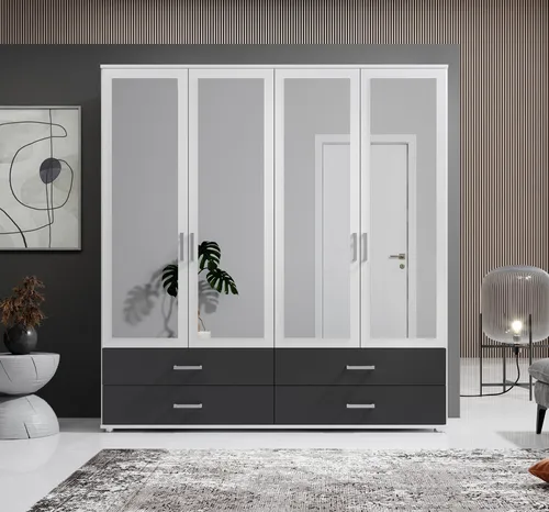 Stella Trading Ivar Kleiderschrank mit Spiegeln - Moderner 4-türiger Schrank in Weiß und Graphit - Kleiderschränke mit viel Stauraum und elegantem Design, ideal für modernes Wohnen. Leichte Montage und hochwertige Verarbeitung für langlebige Nutzung.