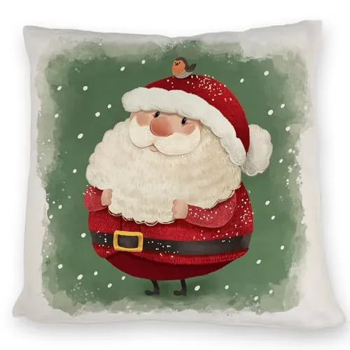 speecheese Weihnachtsmann und Rotkehlchen Kissen mit grünem Hintergrund EIN bequemes DekoKissen für die kalten Wintermonate Weihnachten Nikolaus Wald Santa Schnee Sofa Frauen niedlich dick
