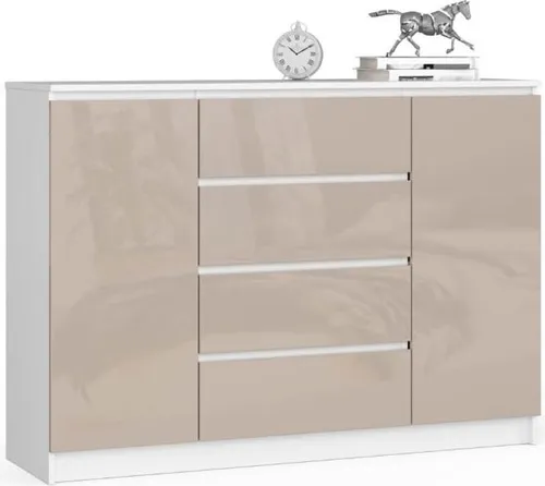 BDW, Kommode mit 4 Schubladen, 139x40x99 cm, K140, Weiß / Cappuccino Hochglanz