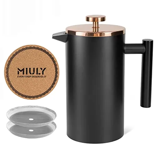 MaxMiuly Kaffeebereiter French Press 1L, Kaffeepresse Doppelwandig Edelstahl 6 Tassen, Thermo Kaffeezubereiter Erhältlich in 350ml, 1000ml mit Filtersieb, Untersetzer, Schwarz Gold