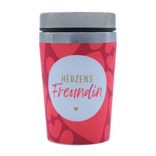 Dekohelden24 Thermobecher/Becher to go, Kaffeebecher, Isolierbecher, Reisebecher, Geschenk Beste Freundin, Motiv : Herzensfreundin, Maße H/ : 13,5 x 8,4 cm, Fassungsvermögen: 240 ml.