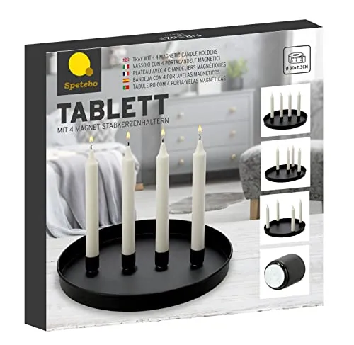 Metall Kerzen Tablett Ø 30 cm mit 4 magnetischen Kerzenhaltern für Stabkerzen - Farbe: schwarz - Deko Tablett mit magnetischen Kerzenhaltern - Tafelkerzen Halter Magnet Kerzen Leuchter Ständer
