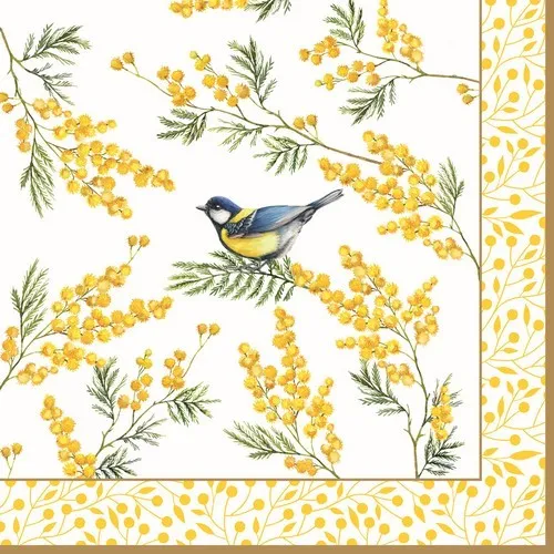 Servietten Mimosa Blaumeise an gelben Blumen Tiere Beeren Bordüre 33x33cm 20