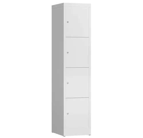 ClassiX Schließfachschrank X-523417, weiß - Stabiler 4-Fächer Schrank aus Stahl mit Zylinderschloss, ideal für Schulen und Büros. Kommt komplett montiert und bietet 3 Jahre Herstellergarantie.