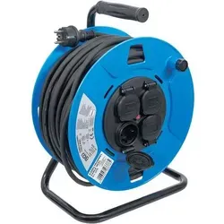 Kabeltrommel mit 4 Steckdosen - 50 m - 3500 W - Kabeltrommel für Innen- und kurzfristigen Außeneinsatz, ausgestattet mit Thermo-Schutzschalter und spritzwassergeschützt, ideal für sichere Stromversorgung.