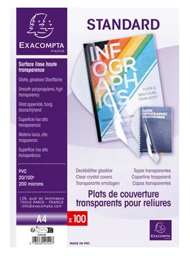 Exacompta Bindefolien 42542E - A4 klar-transparent, 100 Stück - Projektmappen - Hochwertige PVC Bindefolien mit 0,20 mm Stärke für optimalen Schutz und ein professionelles Aussehen Ihrer Dokumente.