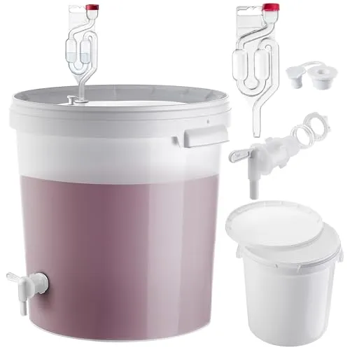 KADAX Gäreimer 33L Set mit Auslaufhahn, Gärröhrchen & Gummistopfen, Gärbehälter aus Kunststoff mit Ablasshahn, Gärspund & Stopfen für Weinherstellung