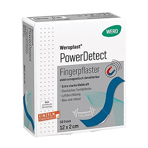 Weroplast PowerDetect Fingerpflaster 12 cm x 2 cm - Hochwertiges Fingerpflaster mit elektromagnetisch detektierbarem Aluminiumstreifen. Extra starke Klebkraft und elastisches Gewebe für optimale Anpassungsfähigkeit.