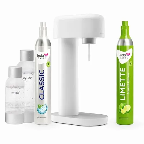 Sparpaket: Mysoda Ruby - Wassersprudler aus Aluminium mit 1L und 0,5L BPA-freier Plastikflasche, CO2-Zylinder Classic + CO2-Zylinder Limette (Weiß)
