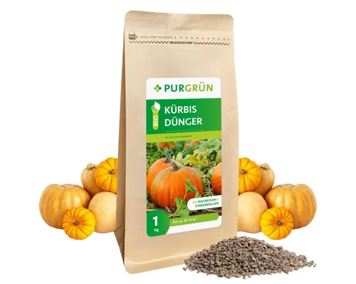 Purgrün Bio Kürbis Dünger 1 kg - Gemüsedünger mit NPK 6+3+8 und 2% Magnesium für reiche Ernten. Ideal für biologischen Anbau, fördert Fruchtbildung und Bodenfruchtbarkeit.