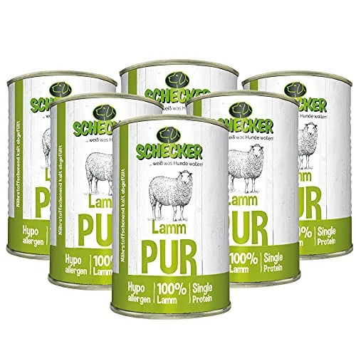 Schecker Nassfutter - 100% Lamm pur - getreidefrei - glutenfrei- 6 x 410 g - hypoallergen - nur 6,4% Fett