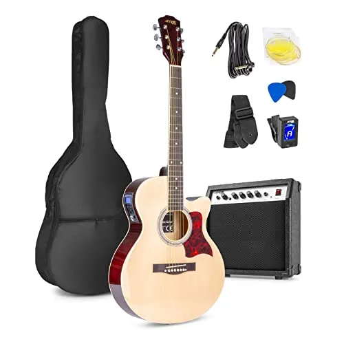MAX ShowKit Elektro Akustik Gitarre Set mit 40 Watt Verstärker - Akustikgitarrenset: Komplettset mit Verstärker, Gitarrentasche und Stimmgerät – ideal für Anfänger und Profis, um in jedem Musikstil zu glänzen.