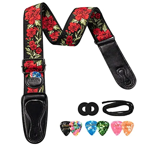 LEKATO Akustikgitarrengurt, Gitarrengurt, E-Gitarrengurt, Blumenstickmuster, Gitarren-Bassgurt für Akustik- und E-Gitarren, Bass mit 6 Plektren und 2 Gurtschlössern