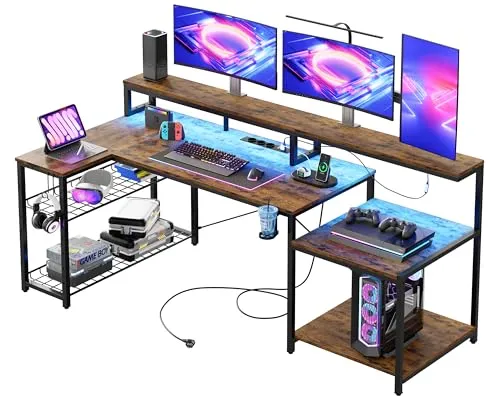 Bestier Gaming Tisch, 181x80 cm Schreibtisch mit LED-Leuchten, L-förmiger Schreibtische mit 3 AC-Steckdosen und 2 USB Ladeanschluss, Computertisch mit großzügiger Monitorablage, Kohlefaser