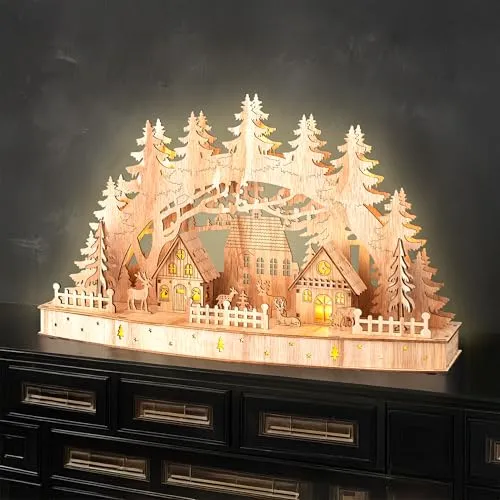 LED Holz Lichterbogen Weihnachtsdorf - 44 x 26 cm, warm weiße Beleuchtung mit Timer für festliche Tisch- und Fensterdeko