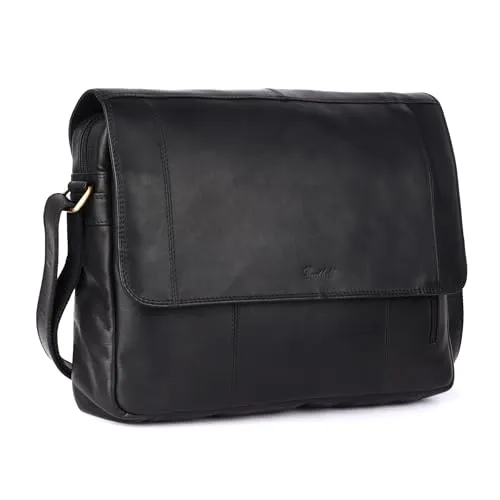 Benthill Messenger Bag Echt-Leder | Herren & Damen Umhängetasche aus hochwertigem Rindsleder | Vintage Echtleder Schultertasche Laptoptasche, Farbe:Schwarz