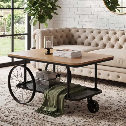 Couchtisch MCW-Q69, Beistelltisch Sofatisch, Reifen Industrial Retro Holz, 54x100x60cm natur, schwarz