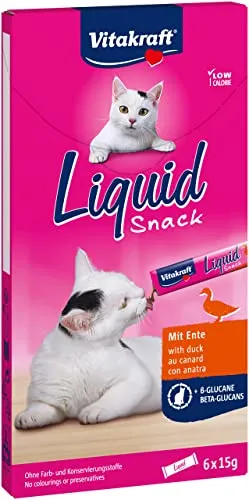 Vitakraft Liquid Snack, Katzen Leckerli, Katzensnack cremig, mit Ente und Beta Glucane, in einzelnen Sachets, verbessert die Immunabwehr (1 Paket mit 6x 15g)