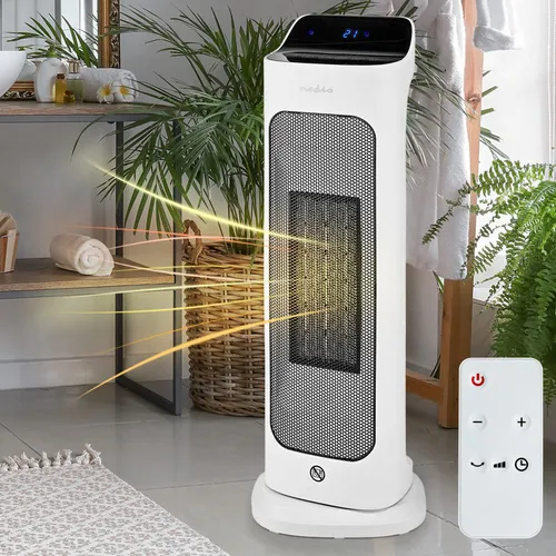 Nedis HTFA20WT Turmheizlüfter mit Fernbedienung - Elektroheizungen – Effektiver Keramik-Heizlüfter mit 1400/2000 Watt, digitalem Thermostat und Schwenkfunktion für gleichmäßige Wärmeverteilung in bis zu 20 m² großen Räumen.