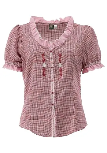 OS Trachten Damen Bluse Kurzarm Trachtenbluse mit Rundhalsausschnitt Twede, Größe:34, Farbe:mittelrot