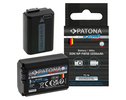 Patona 2x Akku für Sony NP-FW50 mit USB-C Input - Hochwertiger Ersatzakku für Sony-Kameras, 1030 mAh Kapazität, mit USB-C-Ladeoption für flexibles Aufladen. Ideal für ausgedehnte Fotosessions.