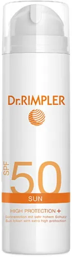 Dr. RIMPLER SUN High Protection+ SPF 50 - 200 ml - Sonnenschutzmittel mit SPF 50, korallenfreundlich und vegan. Schützt zuverlässig vor UV-Strahlen und spendet Feuchtigkeit durch Hyaluronsäure. Ideal für alle Hauttypen!