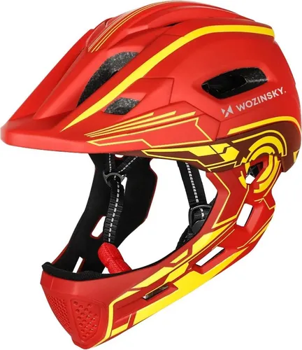Wozinsky Fullface Kinderfahrradhelm mit USB-Rücklicht 52-56 cm - Rot-Gelb - Der Wozinsky Fullface Kinderfahrradhelm bietet umfassenden Kopfsschutz und minimiert Verletzungsrisiken. Mit integriertem USB-Rücklicht für zusätzliche Sichtbarkeit und Sicherheit. Leicht und verstellbar, ideal für kleine Radfahrer.