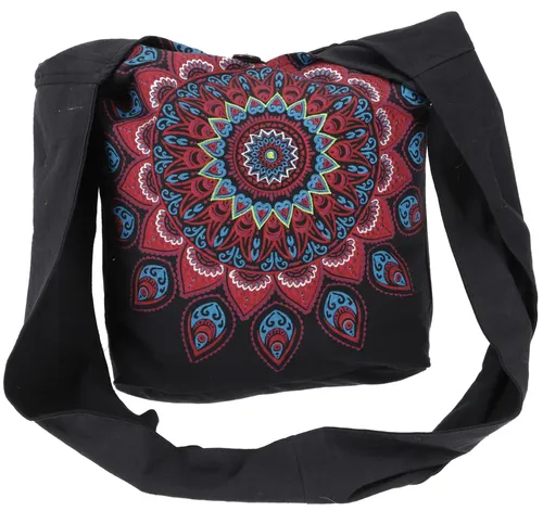 Bestickte Boho Tasche, Schulterbeutel mit Mandala, Nepalbeutel - schwarz/rot