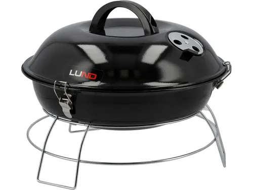 Kugelgrill 36 cm, Holzkohlegrill mit Deckel für Camping - Holzkohlegrill in klassischem Kugeldesign, ideal für Camping. Mit temperaturregulierbarem emaillierten Deckel für perfektes Raucharoma und Sicherheitszertifizierung für Lebensmittelkontakt.