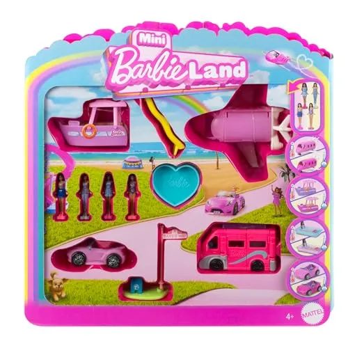 Barbie Mini BarbieLand 4er-Set Puppen- und Spielzeugfahrzeugset mit 4 ca. 3,8 cm großen Puppen und 4 kultigen Spielzeugfahrzeugen mit überraschendem Farbwechsel, JDB85
