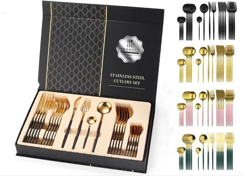 Besteck Set Edelstahl für 6 Personen 24-teiliges Besteckset hochglanzpoliert Spülmaschinenfest Luxury Box, Farben:Schwarz