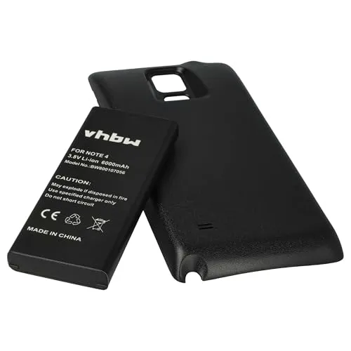 vhbw Akku kompatibel mit Samsung Galaxy Note 4 (China Model) Handy Smartphone Telefon (6000 mAh, 3,85 V, Li-Ion) + Gehäuserückdeckel schwarz
