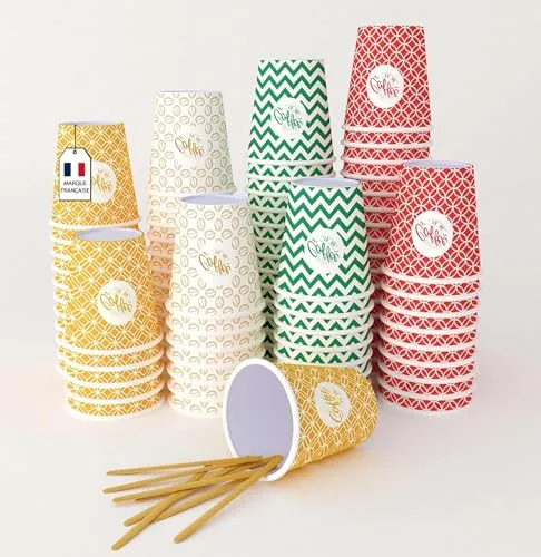 SARA 7 OZ,200 Stück Pappbecher Mehrfarbig mit Holz Rührstäbchen,Einwegbecher Kaffee,Umweltfreundlich Hitzebeständig,Kaffeebecher Ideal für alle heißen Getränke;Kaffee,Tee,Schokolade etc