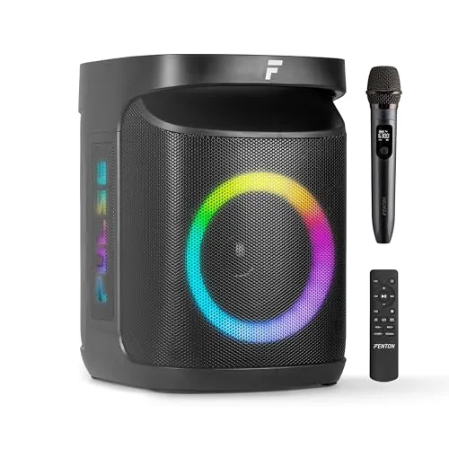 Fenton Pulse65 Musikbox Bluetooth Groß 140W, Wasserfest, Akku 12H, UHF Mikrofon, BT 5.3, FM Radio, Fernbedienung, Partybox Bluetooth Box Groß, Stereo-Pairing, Tragbare Musik Box, Boom Box - Schwarz