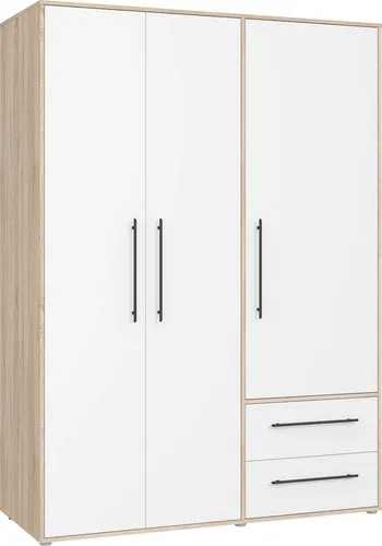 FORTE Drehtürenschrank Mokkaris – Zeitloses Design mit viel Stauraum - Drehtürenschrank in Eiche Sonoma/Weiß, erhältlich mit 3 oder 4 Türen. Verstellbare Einlegeböden und Made in Europe für höchste Qualität und Nachhaltigkeit.