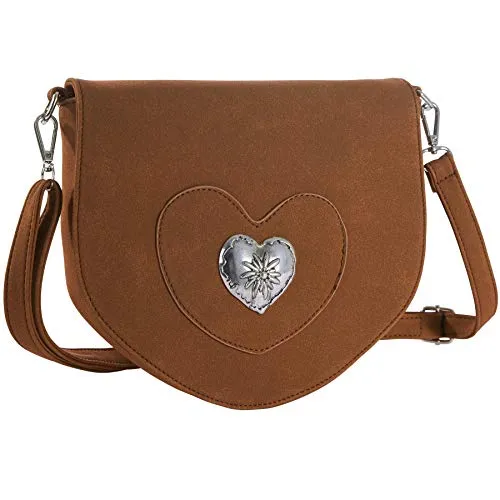 dressforfun Dirndl Tasche, Herztasche, Handtasche Damen mittelgroß, Trachten Mode, Trachtentasche in Wildlederoptik, Damen Tasche, Umhängetasche, Oktoberfest Accessoires, Damen-Schultertaschen - braun