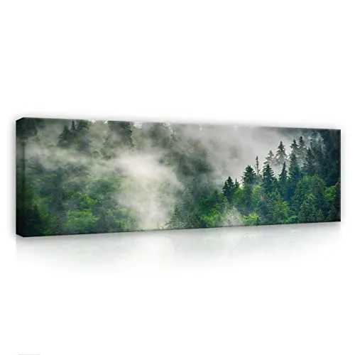 WallArena - Leinwand Bilder - Wald Nebel Natur Landschaft - 145x45 cm Leinwandbilder - Bild auf leinwand - Wandbild XXL groß Wandbilder für Wohnzimmer Schlafzimmer Wohnzimmerbilder Modern