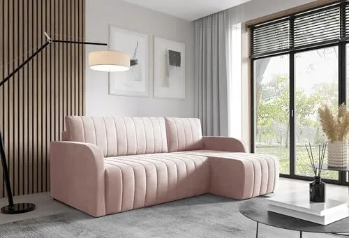LIKMA Schmutziges Rosa Ecksofa Otto 224x145 cm mit Schlaffunktion (200x140 cm) Eckcouch mit Bettkasten Wohnlandschaft mit Bettkasten Bettsofa mit Stauraum Polstermöbel Sofa 3 Sitzer