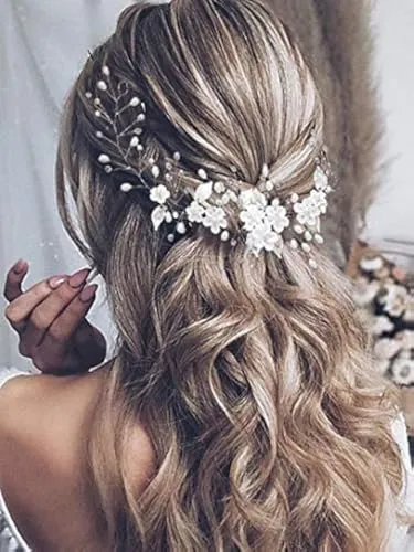 Vakkery Hochzeit Blume Haar Rebe Perle Stirnband Braut Blatt Kopfschmuck Braut Haarschmuck für Frauen Mädchen Brautjungfern