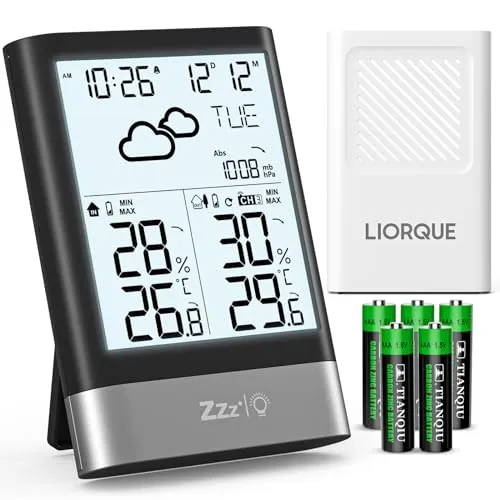 LIORQUE Wetterstation Funk mit Außensensor - Multifunktionale Wetterstation mit Innen- und Außentemperatur, Wettervorhersage und bis zu 3 Außensensoren für umfassende Wetterüberwachung, batteriebetrieben und einfach einzurichten.