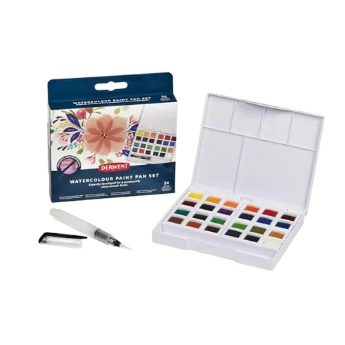 Derwent Aquarellfarben 24-teiliger Malkasten - Schreibutensilien: Hochwertige, wasserlösliche Aquarellfarben in Reisegröße mit 24 kräftigen Farben und integriertem Mini-Wassertankpinsel für kreatives Malen unterwegs.