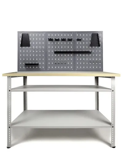 ONDIS24 Werkstatt-Set Werkbank Basic Pro mit Lochwand und Hakensortiment 95 cm Arbeitshöhe, 120 x 60 x 154 (H) cm 25mm Platte 2 Ablagen Metall