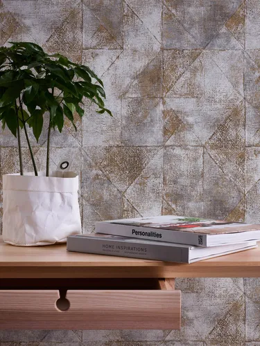 Vliestapete Muster Dreiecke Betonoptik Grau Gold Metallic