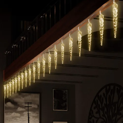 1.01 LED Eiszapfen Lichterkette aus Acryl - Länge ca. 1,9m / Batterie betrieben mit 20 LED - Farbe: warmweiß